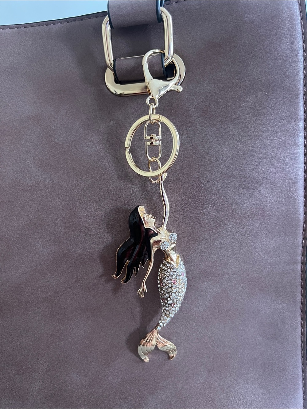 Gold Mermaid Keychain Bag Charm - Crystal Accents, Black Hair